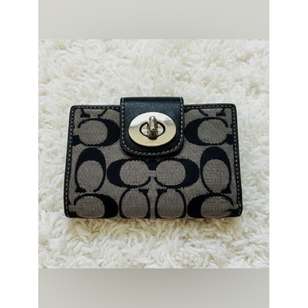 Coach Signature Jacquard Turnlock Wallet Black & Gray Y2K